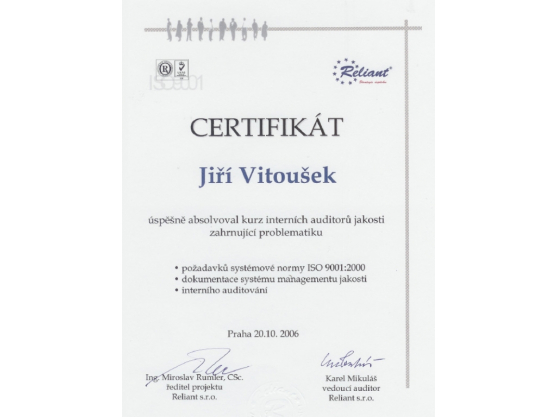 Internal auditor of quality certificate