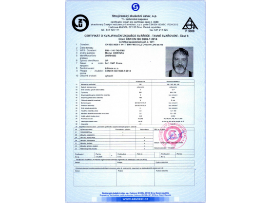 Certificate of Qualification exam of Welder, ČSN EN ISO 9606-1:2014, BW – 141-T40-FM5, Michal Korynta