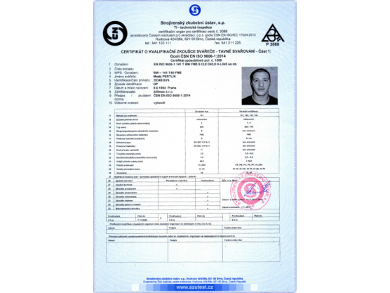 Certificate of Qualification exam of Welder, ČSN EN ISO 9606-1:2014, BW – 141-T40-FM5, Matěj Pertlík