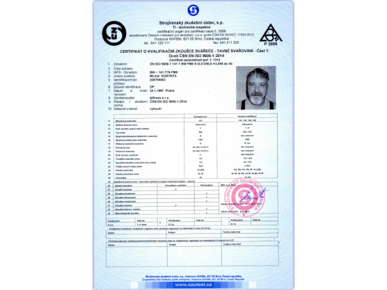 Certificate of Qualification exam of Welder, ČSN EN ISO 9606-1:2014, BW – 141-T76-FM5, Michal Korynta