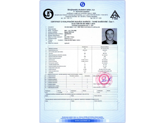 Certificate of Qualification exam of Welder, ČSN EN ISO 9606-1:2014, BW – 141-T76-FM5, Matěj Pertlík