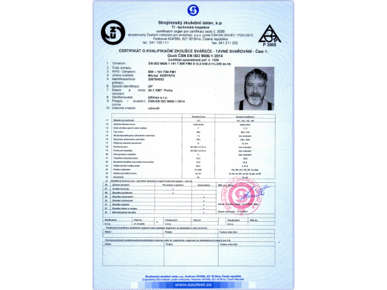 Certificate of Qualification exam of Welder, ČSN EN ISO 9606-1:2014, BW – 141-T80-FM1, Michal Korynta