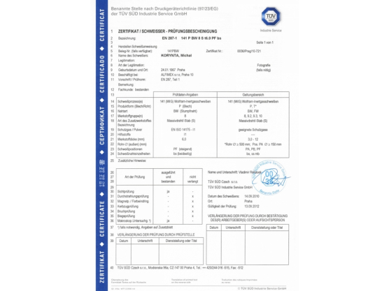 TÜV SÜD Czech certificate 01, Milan Korynta
