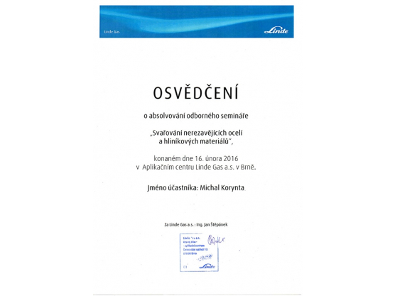 "Welding of stainless steels and aluminium materials" Certification, Michal Korynta