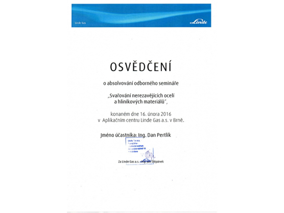 "Welding of stainless steels and aluminium materials" Certification, Dan Pertlík